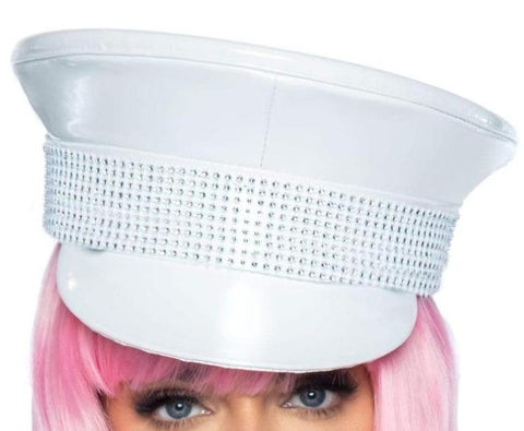 Rhinestone Trimmed Military Hat - White